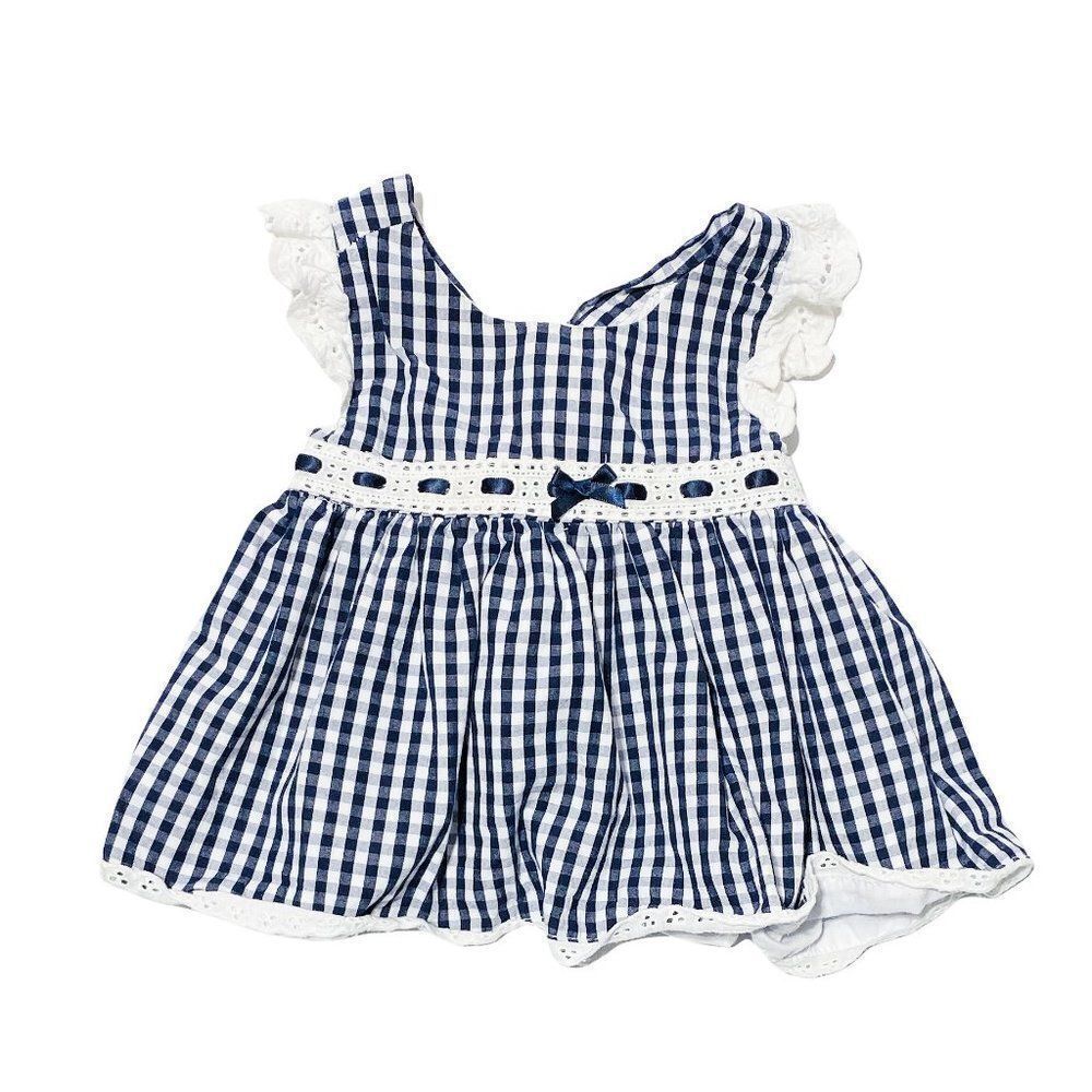 Baby Starters Navy Picnic Plaid Lace Trim Pinafore Apron Dress